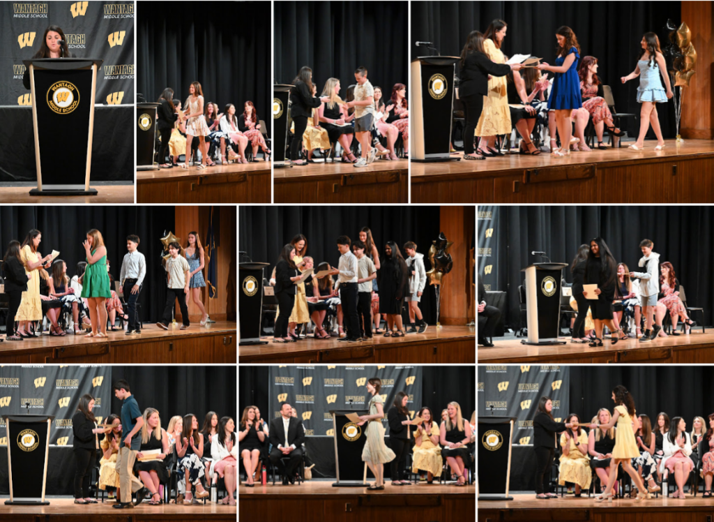 students receiving awards on stage